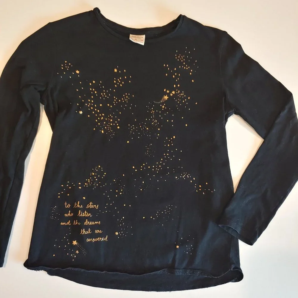 Zara | Metallic Gold Stars on Deep Black Long Sleeve Tee | 10 | Poetry